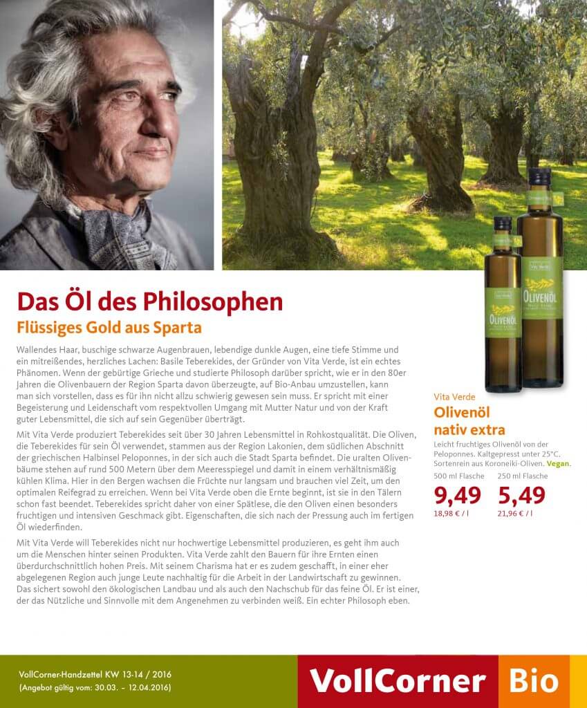 Vollcorner Handzettel aus 2016 über Vita Verde- das Öl des Philosophen