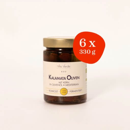 6 x griechische Bio Kalamata Oliven mit Kern in Olivenöl, mediterran, 330 g